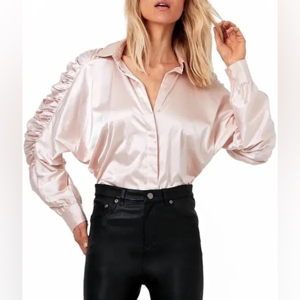 A.S. by DF Ferrara Blouse Blush Cream Pink Satin Ruched Sleeve Size XS NWT